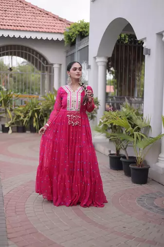 pink faux georgette anarkali gown For Navratri with kutchi patch work   