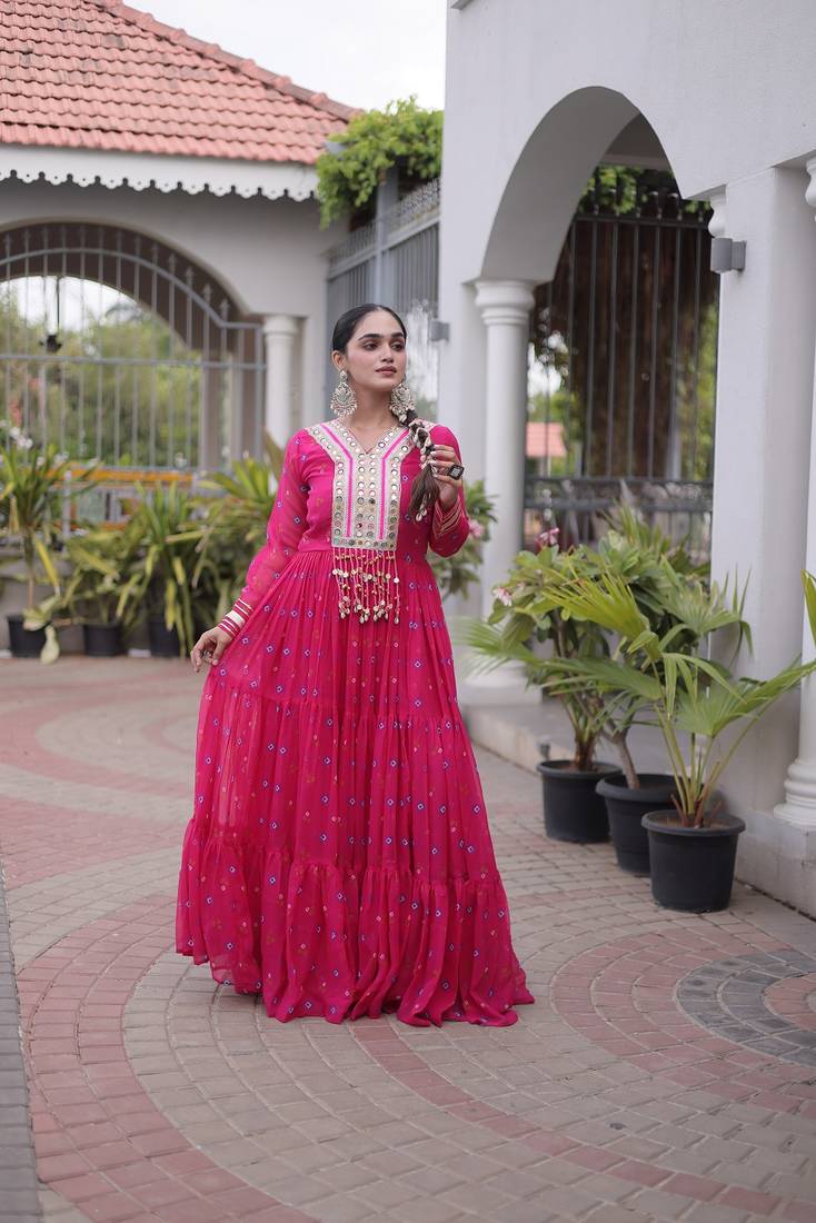 pink faux georgette anarkali gown For Navratri with kutchi patch work   