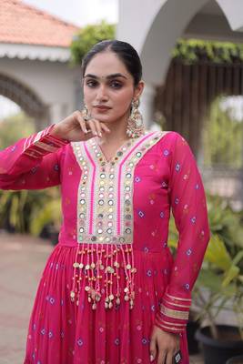 pink faux georgette anarkali gown For Navratri with kutchi patch work    4