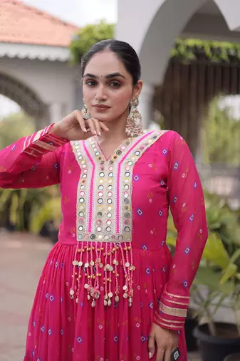 pink faux georgette anarkali gown For Navratri with kutchi patch work   