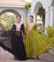olive green faux georgette anarkali gown with kutchi patch work For Navratri Set