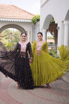 olive green faux georgette anarkali gown with kutchi patch work For Navratri Set 2