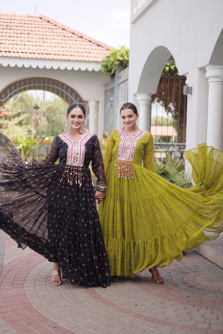 olive green faux georgette anarkali gown with kutchi patch work For Navratri Set