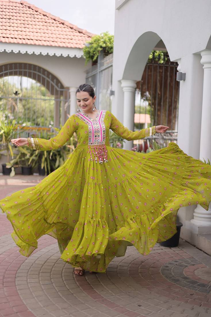 olive green faux georgette anarkali gown with kutchi patch work For Navratri Set