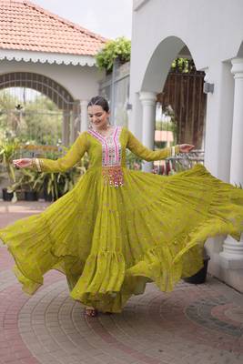 olive green faux georgette anarkali gown with kutchi patch work For Navratri Set 1