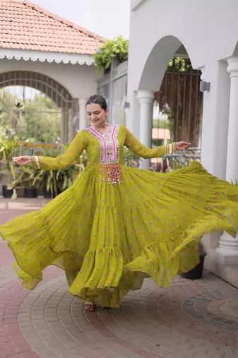 olive green faux georgette anarkali gown with kutchi patch work For Navratri Set
