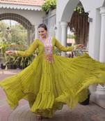 olive green faux georgette anarkali gown with kutchi patch work For Navratri Set
