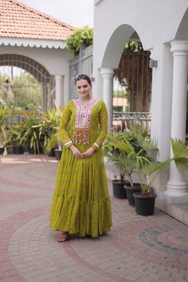 olive green faux georgette anarkali gown with kutchi patch work For Navratri Set 3