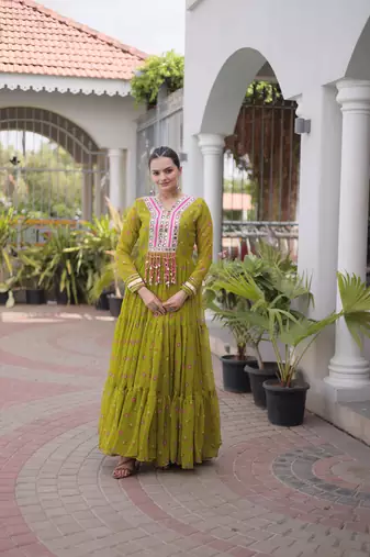 olive green faux georgette anarkali gown with kutchi patch work For Navratri Set