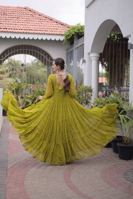 olive green faux georgette anarkali gown with kutchi patch work For Navratri Set 4