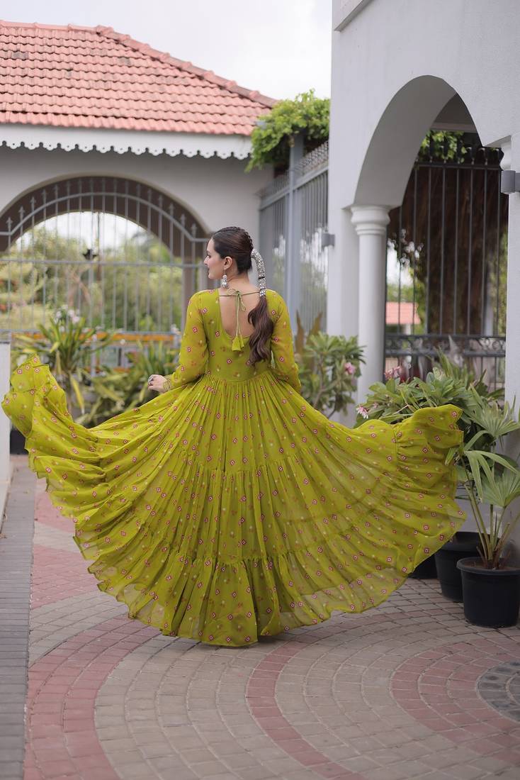 olive green faux georgette anarkali gown with kutchi patch work For Navratri Set