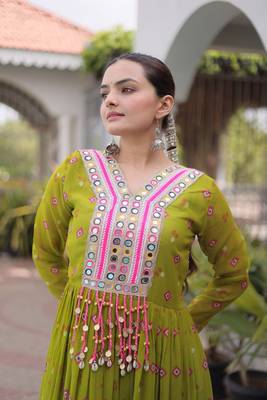 olive green faux georgette anarkali gown with kutchi patch work For Navratri Set 5
