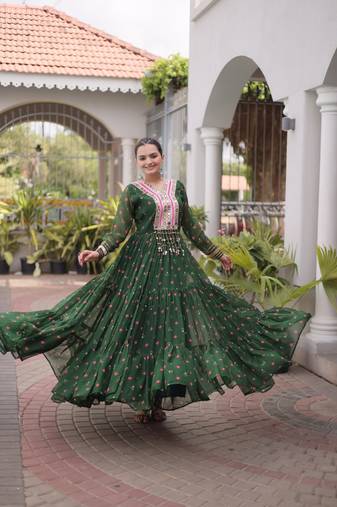 green faux georgette anarkali gown with kutchi patch work gown For Navratri Set