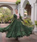 green faux georgette anarkali gown with kutchi patch work gown For Navratri Set