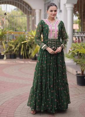 green faux georgette anarkali gown with kutchi patch work gown For Navratri Set 2