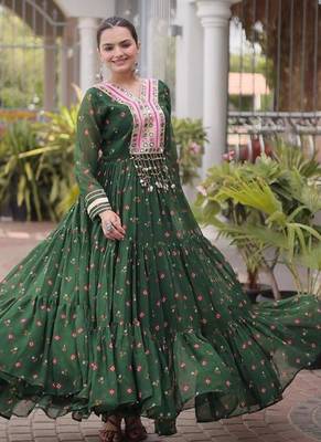 green faux georgette anarkali gown with kutchi patch work gown For Navratri Set 3