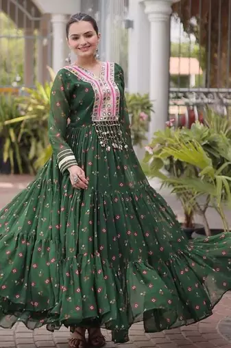 green faux georgette anarkali gown with kutchi patch work gown For Navratri Set