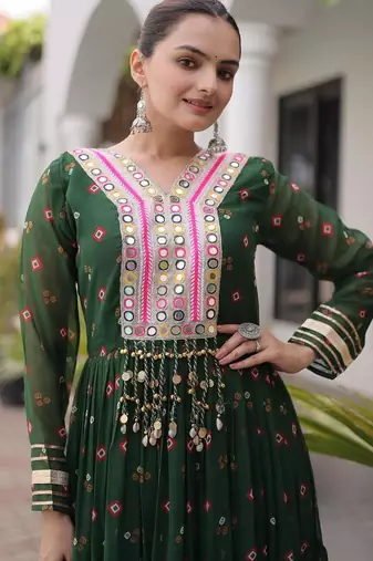green faux georgette anarkali gown with kutchi patch work gown For Navratri Set