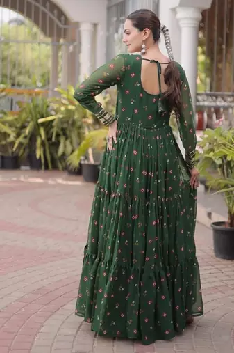 green faux georgette anarkali gown with kutchi patch work gown For Navratri Set