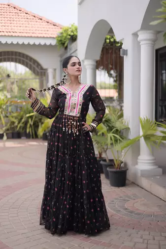 black faux georgette anarkali gown with kutchi patch work gown For Navratri Set
