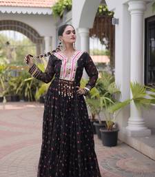 black faux georgette anarkali gown with kutchi patch work gown For Navratri Set