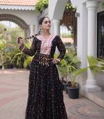black faux georgette anarkali gown with kutchi patch work gown For Navratri Set