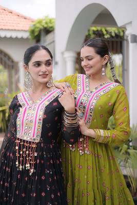 black faux georgette anarkali gown with kutchi patch work gown For Navratri Set 2