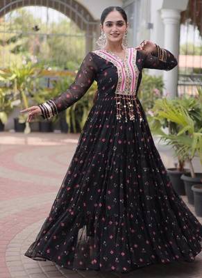 black faux georgette anarkali gown with kutchi patch work gown For Navratri Set 3