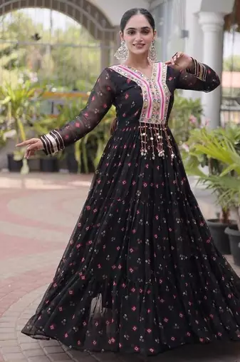 black faux georgette anarkali gown with kutchi patch work gown For Navratri Set