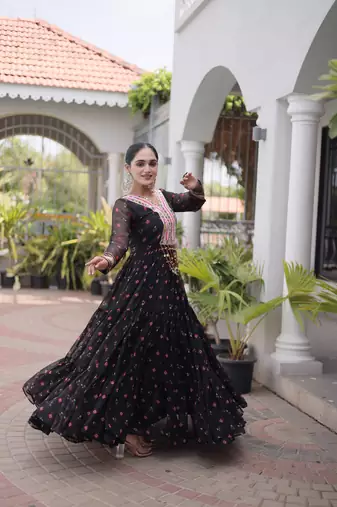 black faux georgette anarkali gown with kutchi patch work gown For Navratri Set