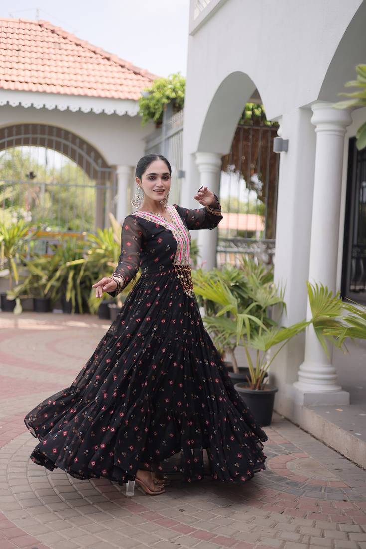 black faux georgette anarkali gown with kutchi patch work gown For Navratri Set