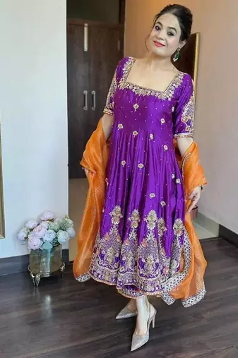 Purple embroidered heavy silk blend anarkali gown set with organza dupatta & silk blend pant