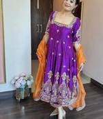 Purple embroidered heavy silk blend anarkali gown set with organza dupatta & silk blend pant