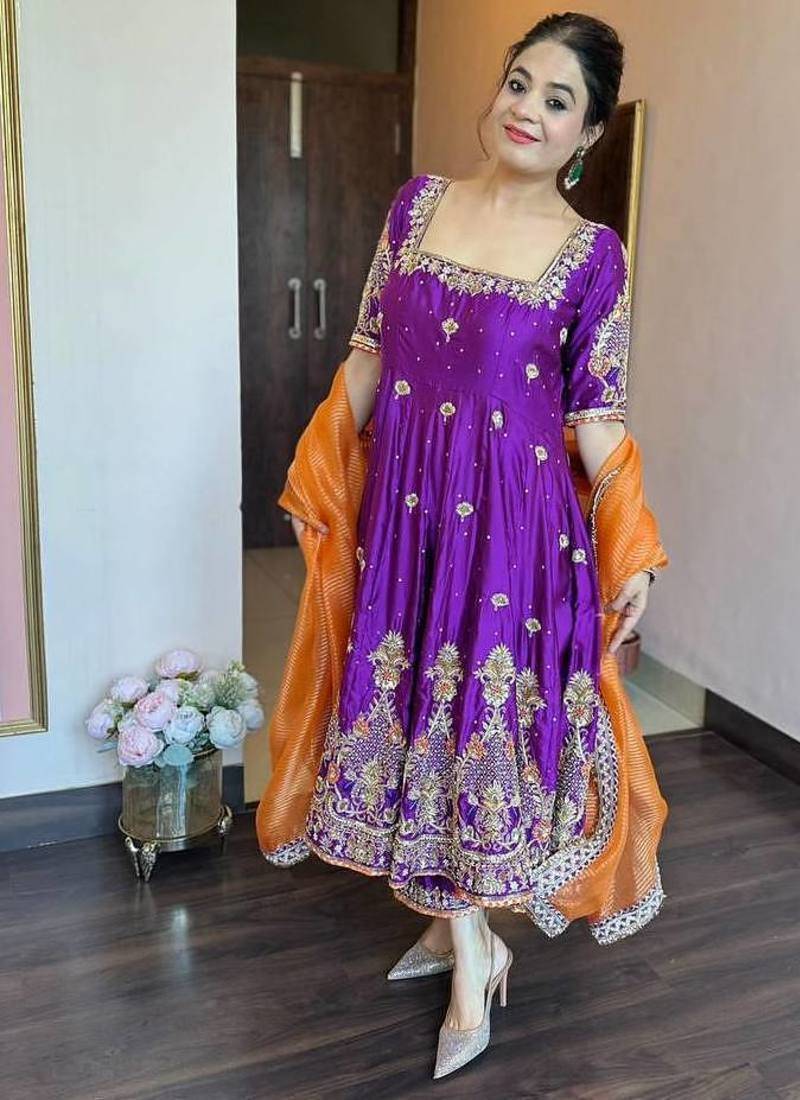 Purple embroidered heavy silk blend anarkali gown set with organza dupatta & silk blend pant
