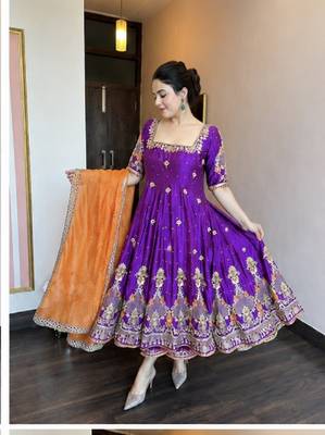Purple embroidered heavy silk blend anarkali gown set with organza dupatta & silk blend pant 2