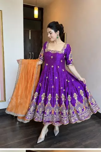 Purple embroidered heavy silk blend anarkali gown set with organza dupatta & silk blend pant