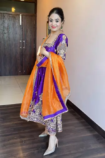 Purple embroidered heavy silk blend anarkali gown set with organza dupatta & silk blend pant
