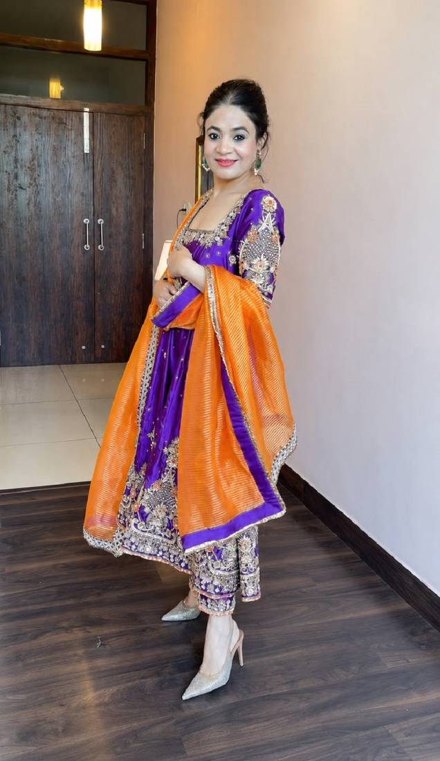 Purple embroidered heavy silk blend anarkali gown set with organza dupatta & silk blend pant