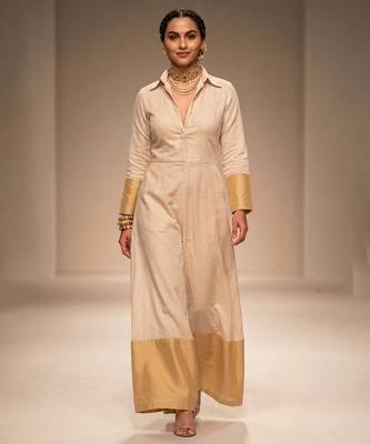 Beige Gold Chanderi Silk Jumpsuit 1