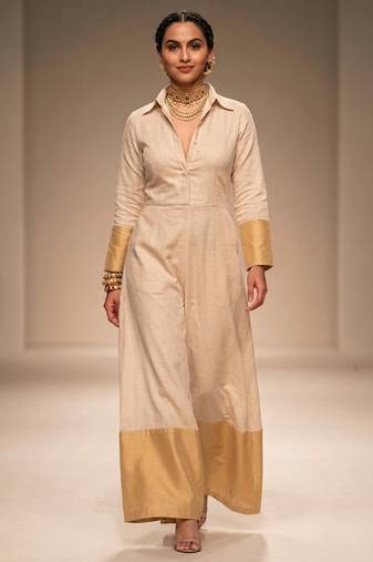 Beige Gold Chanderi Silk Jumpsuit