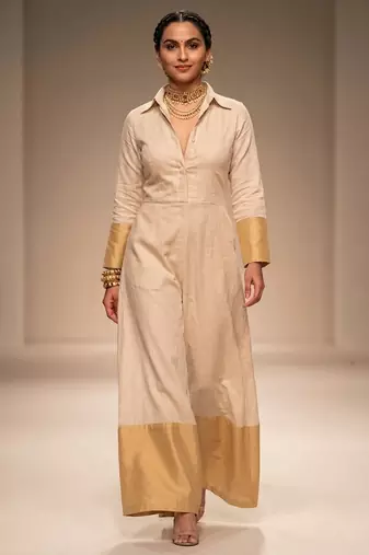 Beige Gold Chanderi Silk Jumpsuit