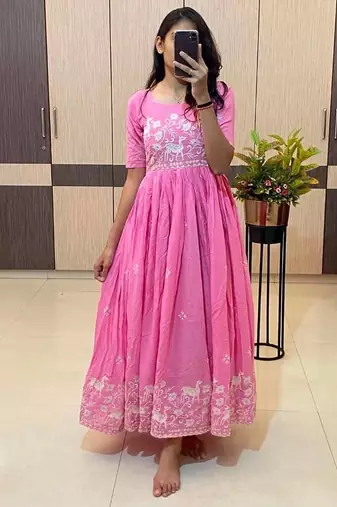 Baby Pink Color Embroidery Work And Back Side Dori Pattern Mul Cotton Gown Set