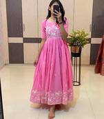 Baby Pink Color Embroidery Work And Back Side Dori Pattern Mul Cotton Gown Set
