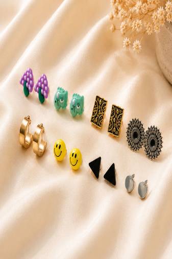 multicolor color set of 8 fancy combo stud earrings