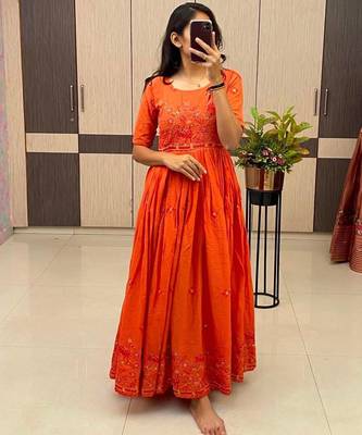 Orange Color Embroidery Work And Back Side Dori Pattern Mul Cotton Gown Set 1