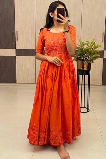 Orange Color Embroidery Work And Back Side Dori Pattern Mul Cotton Gown Set