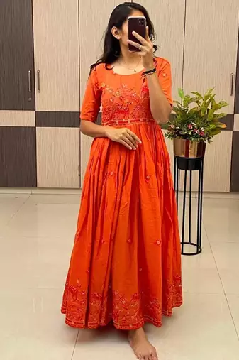 Orange Color Embroidery Work And Back Side Dori Pattern Mul Cotton Gown Set