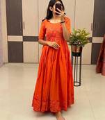 Orange Color Embroidery Work And Back Side Dori Pattern Mul Cotton Gown Set