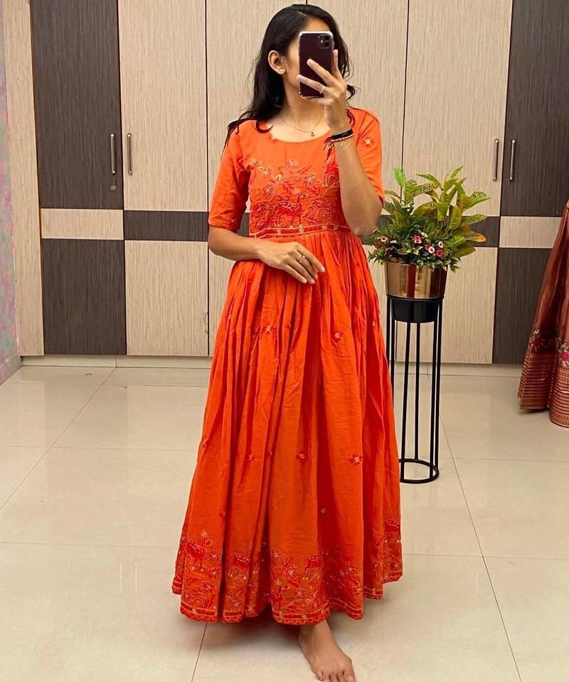 Orange Color Embroidery Work And Back Side Dori Pattern Mul Cotton Gown Set