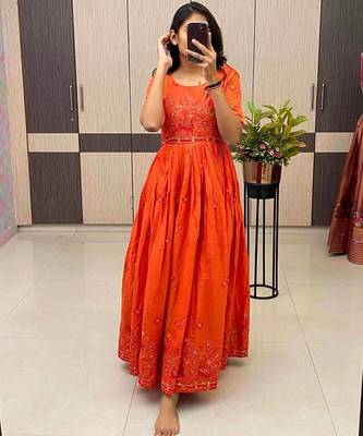 Orange Color Embroidery Work And Back Side Dori Pattern Mul Cotton Gown Set 2